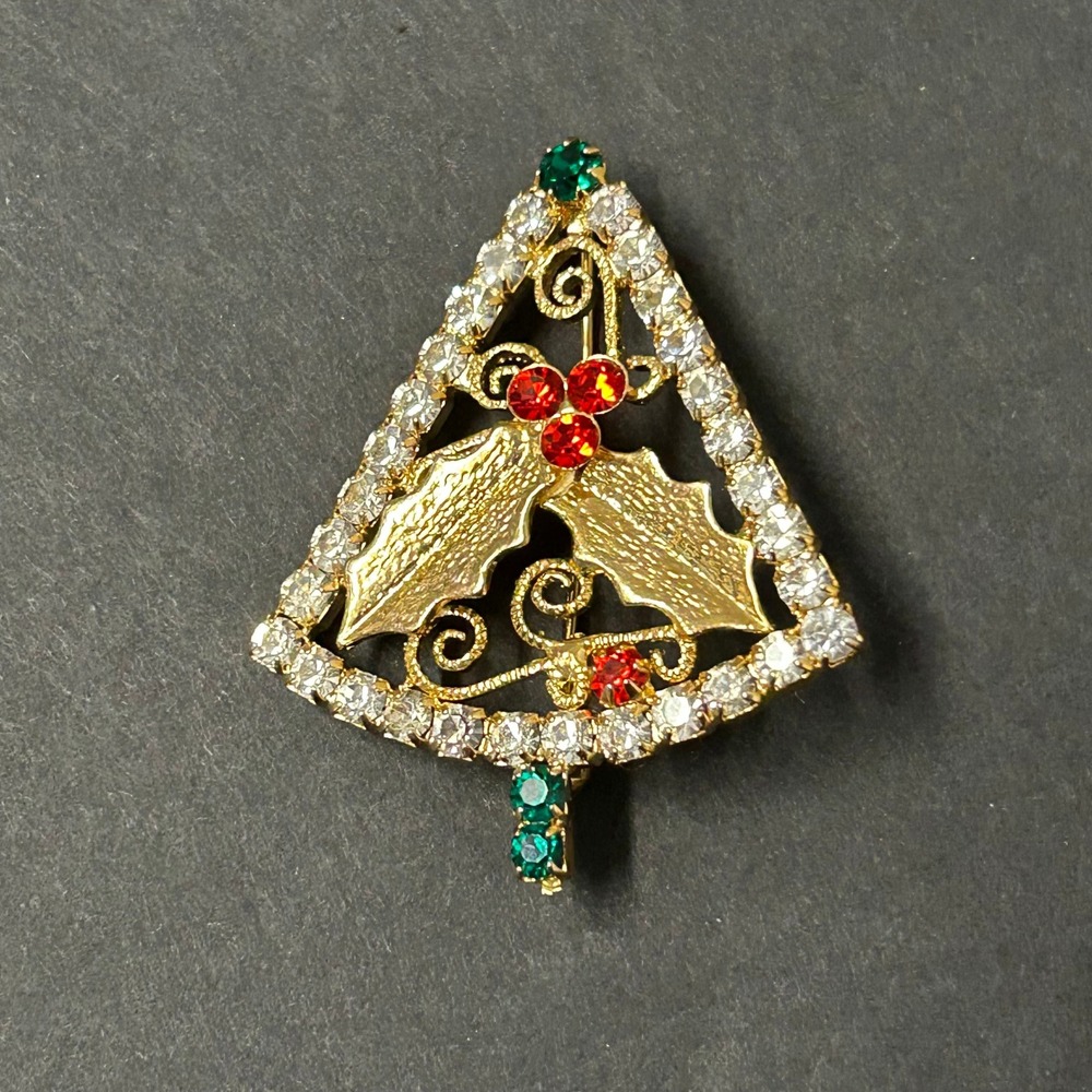 Vintage Christmas Tree Brooch Gold Holiday Rhinestone Holly Good